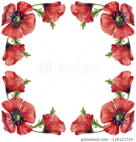 Red poppies rhombus border for cards, posters, invitation. Watercolor flowers wreath Red poppies rhombus border for cards, posters, invitation. Watercolor flowers wreath 126121724