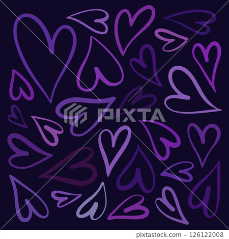 One line hand drawn hearts seamless pattern in purple and pink shades on dark background One line hand drawn hearts seamless pattern in purple and pink shades on dark background 126122008