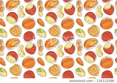 Seamless pattern of hand drawn nuts peanut, walnut, almond, pistachio, cashew, macadamia, pecan and hazelnut in flat style on white background. Perfect for textile, packaging, menu, store design. 126122086