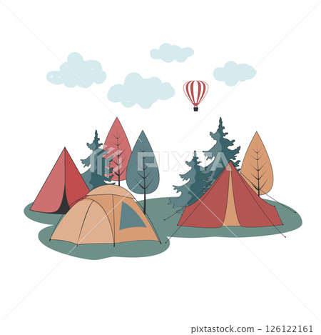 Camping isolated illustration. Group of tents in the forest. Adventure vector illustration Camping isolated illustration. Group of tents in the forest. Adventure vector illustration 126122161