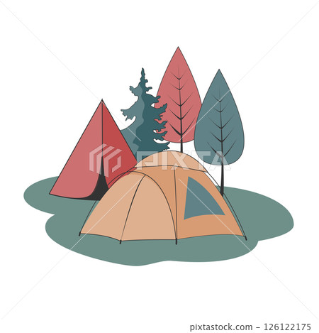 Camping isolated illustration. Group of tents in the forest. Adventure vector drawing Camping isolated illustration. Group of tents in the forest. Adventure vector drawing 126122175