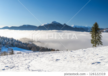 Snowy winter landscape in a misty sunny morning. The Mala Fatra national park in northwest of Slovakia, Europe. Snowy winter landscape in a misty sunny morning. The Mala Fatra national park in northwest of Slovakia, Europe. 126122319