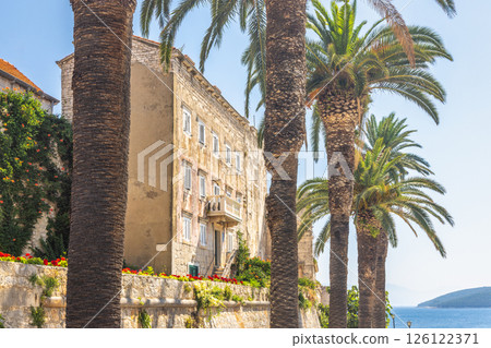 Korcula town in island of Korcula in Adriatic sea in Croatia, Europe. Scenic building in a sunny, coastal location, with palm trees adding a touch of tropical charm to the Mediterranean architecture Korcula town in island of Korcula in Adriatic sea in Croatia, Europe. Scenic building in a sunny, coastal location, with palm trees adding a touch of tropical charm to the Mediterranean architecture 126122371