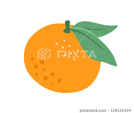Tangerine with leaves, vector flat illustration, abstract fruit art isolated on white 126122424