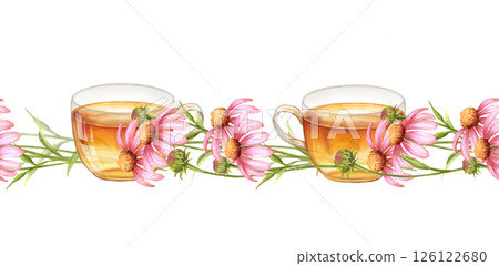 Seamless border with hand-drawn echinacea flowers and cups of tea, ideal for herbal tea branding. Seamless border with hand-drawn echinacea flowers and cups of tea, ideal for herbal tea branding. 126122680