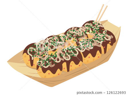 Takoyaki served in a boat-shaped dish (with mayonnaise) Takoyaki served in a boat-shaped dish (with mayonnaise) 126122693