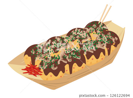 Takoyaki served in a boat-shaped dish (without mayonnaise) 126122694