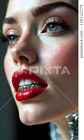 Close-up of a woman showcasing bold red lips and orthodontic braces in an artistic light setting 126122774
