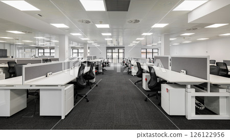 Spacious modern office with open-plan design and ergonomic furniture 126122956