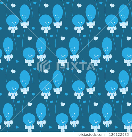 Blue Balloons with tied ribbon bow and decorative hearts Monochrome blue Seamless Pattern Sad Mood 126122983