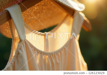Women's beige sundress and straw hat hanging on wooden hanger on green background, glare of sun Women's beige sundress and straw hat hanging on wooden hanger on green background, glare of sun 126123029