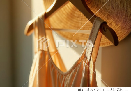 A yellow sundress hangs on a hanger on a white wall in the fitting room in a boutique, the rays of the sun fall on it A yellow sundress hangs on a hanger on a white wall in the fitting room in a boutique, the rays of the sun fall on it 126123031