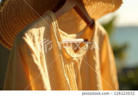 Woman Shirt Dress And Straw Hat Hanging On Hanger In Sun In Background In Blur Sea And Greenery 126123032