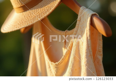 Woman's Dress And Straw Hat Hanging On Wooden Hanger On Green Background In Sunlight Woman's Dress And Straw Hat Hanging On Wooden Hanger On Green Background In Sunlight 126123033