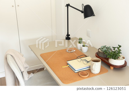 Minimalist home office desk with plants, notebook, and coffee mug 126123051
