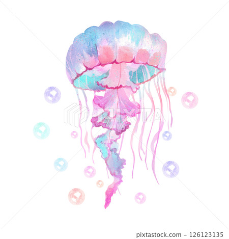 Hand Drawn Watercolor Composition with Jellyfish and Bubbles. Picture for Printing on Clothes and Posters 126123135