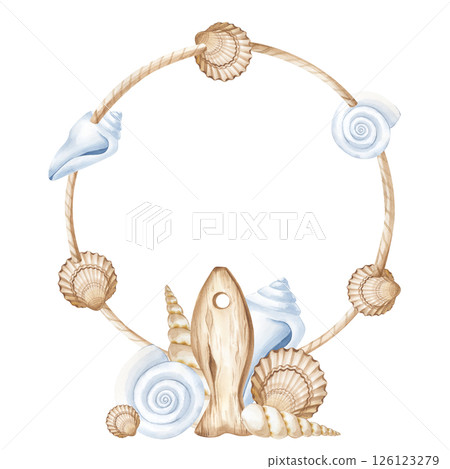 A round frame made of jute rope with different shells and a composition of seashells and a stylized wooden fish figure. Watercolor illustration on a white background. A marine-themed template with an A round frame made of jute rope with different shells and a composition of seashells and a stylized wooden fish figure. Watercolor illustration on a white background. A marine-themed template with an 126123279
