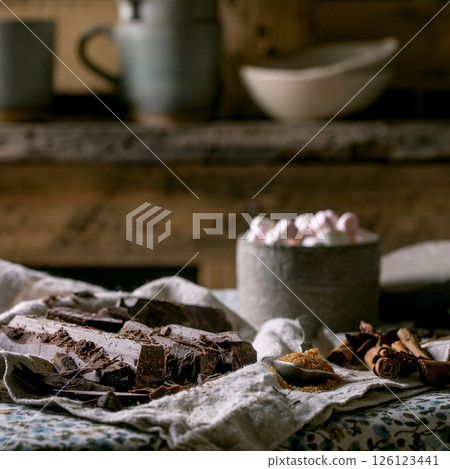 Ingredients for make dark hot chocolate drink Ingredients for make dark hot chocolate drink 126123441