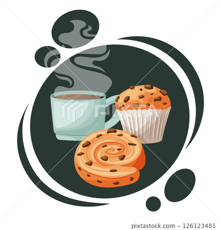 Vector illustration of coffee cup with chocolate muffin and roll. Cozy breakfast or cafe concept. 126123481