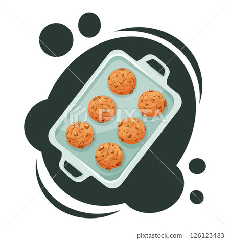 Vector tray with chocolate chip cookies. Fresh baked dessert. Cozy homemade snack concept. Vector tray with chocolate chip cookies. Fresh baked dessert. Cozy homemade snack concept. 126123483
