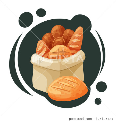 Vector illustration of assorted bakery bread in a paper bag. Fresh baked goods. Rustic food concept. 126123485