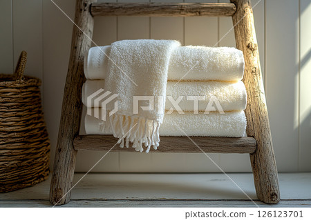 Freshly washed white towels on a Boho style wooden floor hanger. 126123701