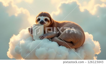 Sloth enjoys a warm drink while lounging on a fluffy cloud during a tranquil moment 126123843