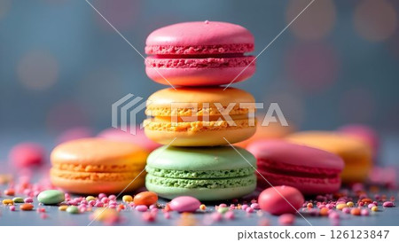 Colorful macarons stacked on a surface with scattered sprinkles in a soft-focus background 126123847