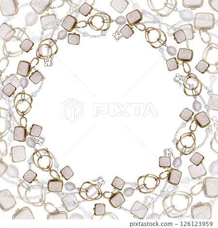 Watercolor frame with beautiful women's accessories. Hand-drawn isolated llustration on a white background. Stylish and realistic pictures of jewelry, makeup items and cosmetics for textiles, printing 126123959