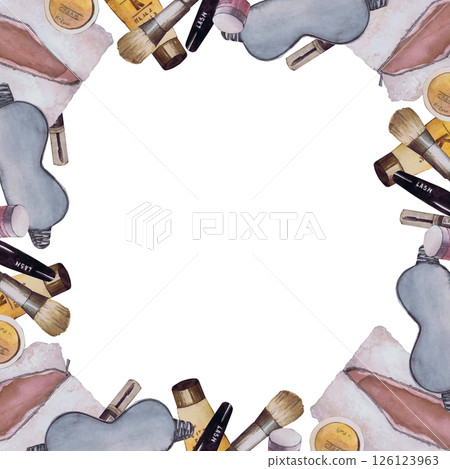 Watercolor frame with beautiful women's accessories. Hand-drawn isolated llustration on a white background. Stylish and realistic pictures of jewelry, makeup items and cosmetics for textiles, printing 126123963