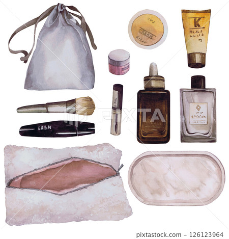 Watercolor illustrations of beautiful women's accessories. Hand-drawn set of isolated llustration on a white background. Stylish and realistic pictures of makeup items and cosmetics for textiles 126123964