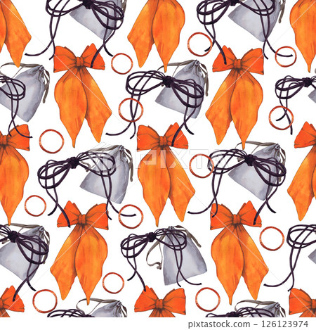 Watercolor illustrations of hairpins and hair items. Hand-drawn seamless pattern of isolated clip art on a white background. Bright and stylish pictures of realistic hairpins and hair care devices for 126123974