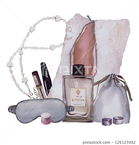 Watercolor illustrations of beautiful women's accessories. Hand-drawn composition of isolated llustration on a white background. Stylish and realistic pictures of jewelry, makeup items and cosmetics Watercolor illustrations of beautiful women's accessories. Hand-drawn composition of isolated llustration on a white background. Stylish and realistic pictures of jewelry, makeup items and cosmetics 126123982