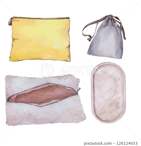 Watercolor illustrations of beautiful women's accessories. Hand-drawn composition of isolated llustration on a white background. Stylish and realistic pictures of jewelry, makeup items and cosmetics 126124053