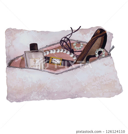 Watercolor illustrations of beautiful women's accessories. Hand-drawn composition of isolated llustration on a white background. Stylish and realistic pictures of jewelry, makeup items and cosmetics 126124110