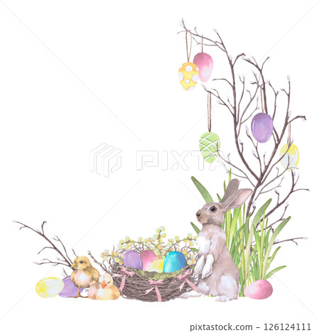 Easter eggs in nest, rabbit, willow branches with eggs, hyacinths watercolor illustration isolated on white. Bunny and eggs hand drawn in pastel tones for Easter cards, packaging and festive decor Easter eggs in nest, rabbit, willow branches with eggs, hyacinths watercolor illustration isolated on white. Bunny and eggs hand drawn in pastel tones for Easter cards, packaging and festive decor 126124111