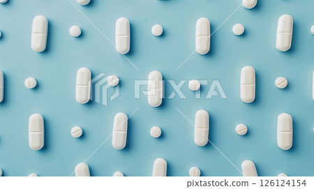 Pills on blue background. Generative AI 126124154