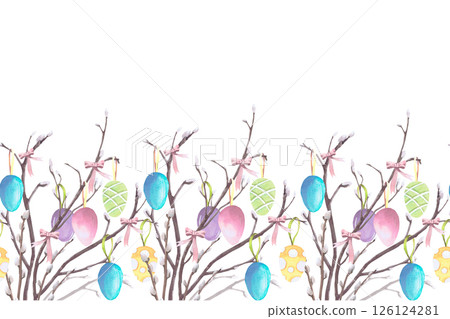 Seamless border of willow branches with Easter colored eggs with bows, watercolor illustration isolated on white. Hand drawn elements in pastel tones for Easter cards, packaging and festive decor 126124281