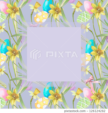 Frame with Easter eggs and narcissus flowers watercolor illustration isolated on color background. Spring flowers and eggs hand drawn in pastel colors for Easter cards, packaging and holiday decor 126124282