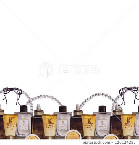 Watercolor border with beautiful women's accessories. Hand-drawn isolated llustration on a white background. Stylish and realistic pictures of jewelry, makeup items and cosmetics for textiles Watercolor border with beautiful women's accessories. Hand-drawn isolated llustration on a white background. Stylish and realistic pictures of jewelry, makeup items and cosmetics for textiles 126124283