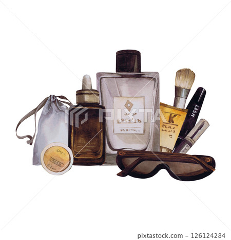 Watercolor illustrations of beautiful women's accessories. Hand-drawn composition of isolated llustration on a white background. Stylish and realistic pictures of jewelry, makeup items and cosmetics 126124284