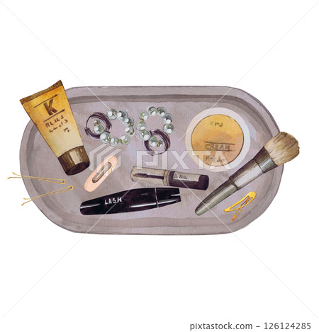 Watercolor illustrations of beautiful women's accessories. Hand-drawn composition of isolated llustration on a white background. Stylish and realistic pictures of jewelry, makeup items and cosmetics 126124285