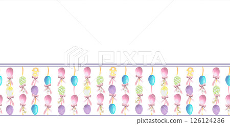 Seamless border with Easter colored eggs with bows watercolor illustration isolated on white. Eggs hand drawn in pastel tones for Easter cards, packaging and festive decor, textile 126124286