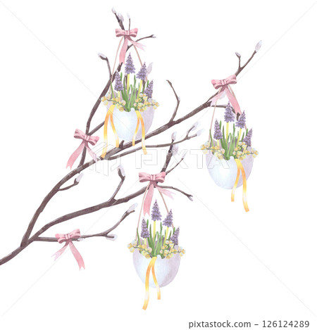 Willow branches with spring pring flowers in eggshells on a rope, watercolor illustration isolated on white. Composition hand drawn pastel tones for Easter cards, packaging and festive decor 126124289