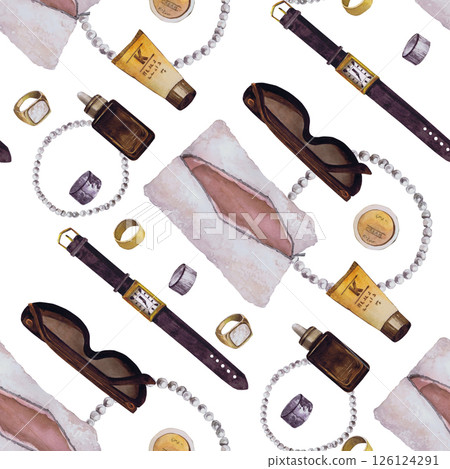 Seamless watercolor pattern of beautiful women's accessories. Hand-drawn isolated llustration on a white background. Stylish and realistic pictures of jewelry, makeup items and cosmetics for textiles Seamless watercolor pattern of beautiful women's accessories. Hand-drawn isolated llustration on a white background. Stylish and realistic pictures of jewelry, makeup items and cosmetics for textiles 126124291