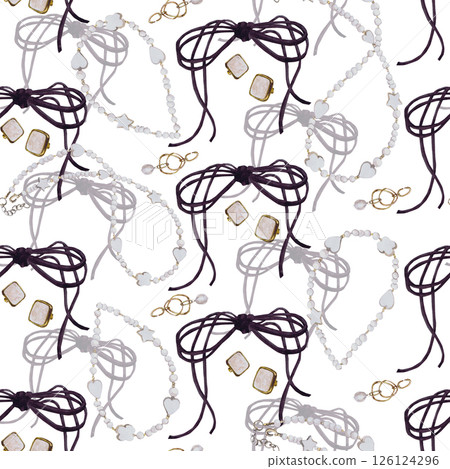 Seamless watercolor pattern of beautiful women's accessories. Hand-drawn isolated llustration on a white background. Stylish and realistic pictures of jewelry, makeup items and cosmetics for textiles Seamless watercolor pattern of beautiful women's accessories. Hand-drawn isolated llustration on a white background. Stylish and realistic pictures of jewelry, makeup items and cosmetics for textiles 126124296