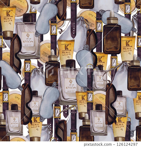 Seamless watercolor pattern of beautiful women's accessories. Hand-drawn isolated llustration on a white background. Stylish and realistic pictures of jewelry, makeup items and cosmetics for textiles 126124297