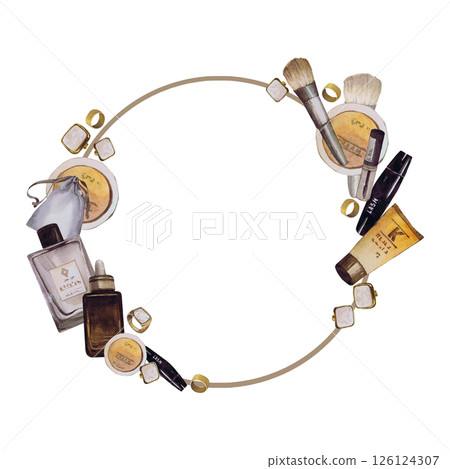 Watercolor frame with beautiful women's accessories. Hand-drawn isolated llustration on a white background. Stylish and realistic pictures of jewelry, makeup items and cosmetics for textiles, printing Watercolor frame with beautiful women's accessories. Hand-drawn isolated llustration on a white background. Stylish and realistic pictures of jewelry, makeup items and cosmetics for textiles, printing 126124307
