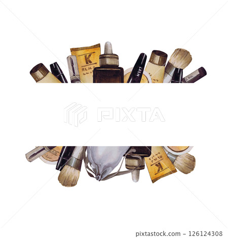 Watercolor border with beautiful women's accessories. Hand-drawn isolated llustration on a white background. Stylish and realistic pictures of jewelry, makeup items and cosmetics for textiles Watercolor border with beautiful women's accessories. Hand-drawn isolated llustration on a white background. Stylish and realistic pictures of jewelry, makeup items and cosmetics for textiles 126124308