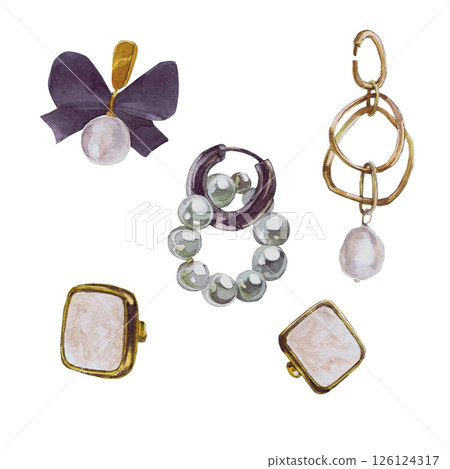 Watercolor illustrations of beautiful women's accessories. Hand-drawn set of isolated llustration of earrings on a white background. Stylish and realistic pictures of jewelry for textiles, printing 126124317